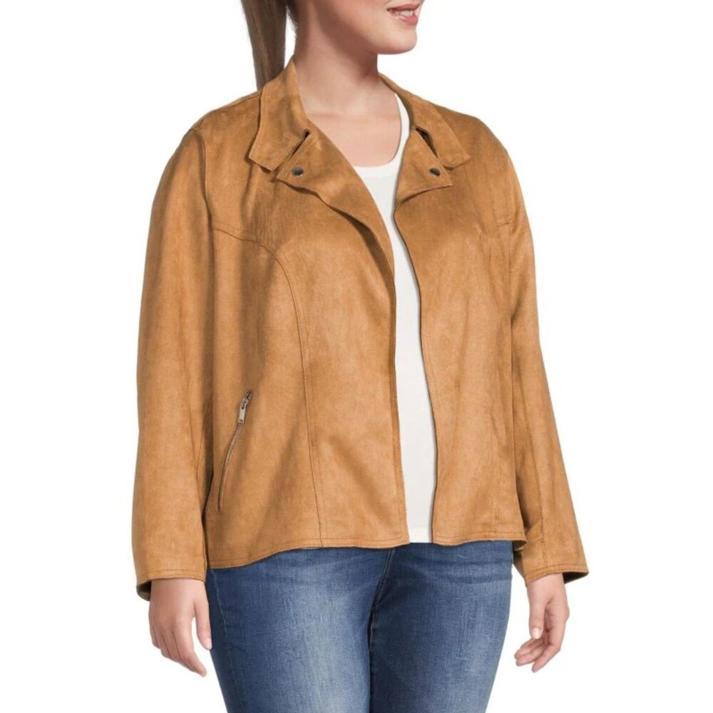 Philosophy Faux Suede Jacket Womens 1X Tan Lightweight Open Front Moto